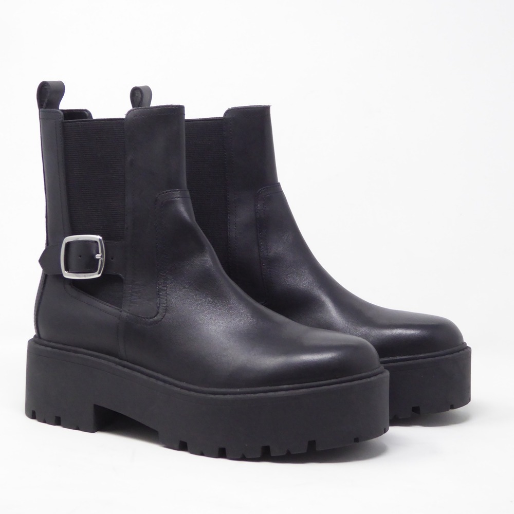 Marc Fisher Dacilla Womens Boots Black Leather Platform Chelsea Buckle 6.5 - Picture 2 of 11